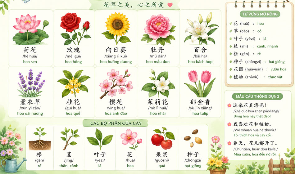 Học tiếng Trung chủ đề hoa 1 Tiếng Trung chủ đề hoa lá